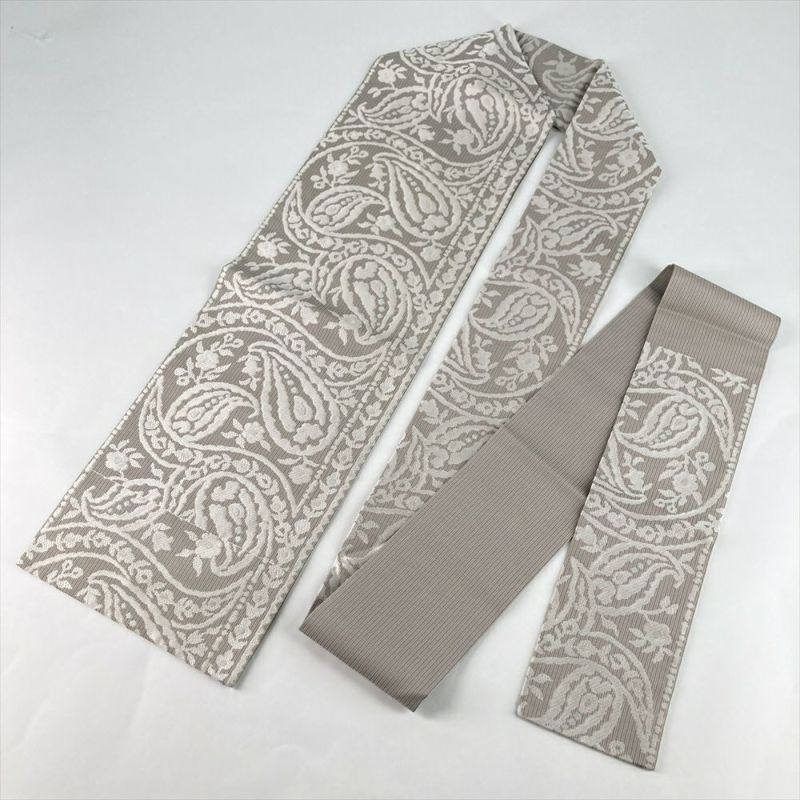 中古）名古屋帯 グレージュ カジュアル 名古屋仕立て 織り ペイズリー 絹