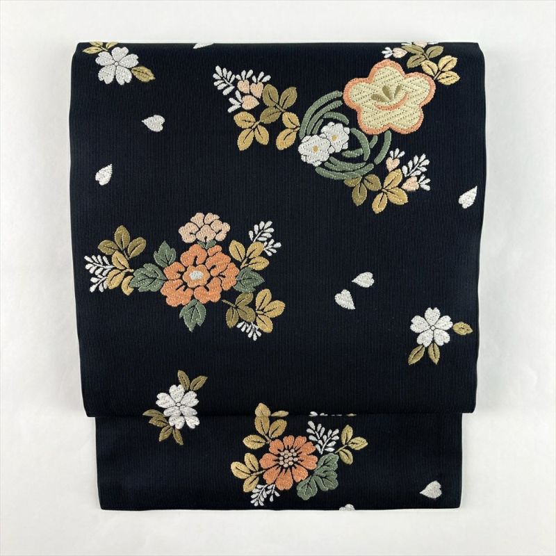 中古）名古屋帯 黒 カジュアル 名古屋仕立て 唐織り 四季花 絹