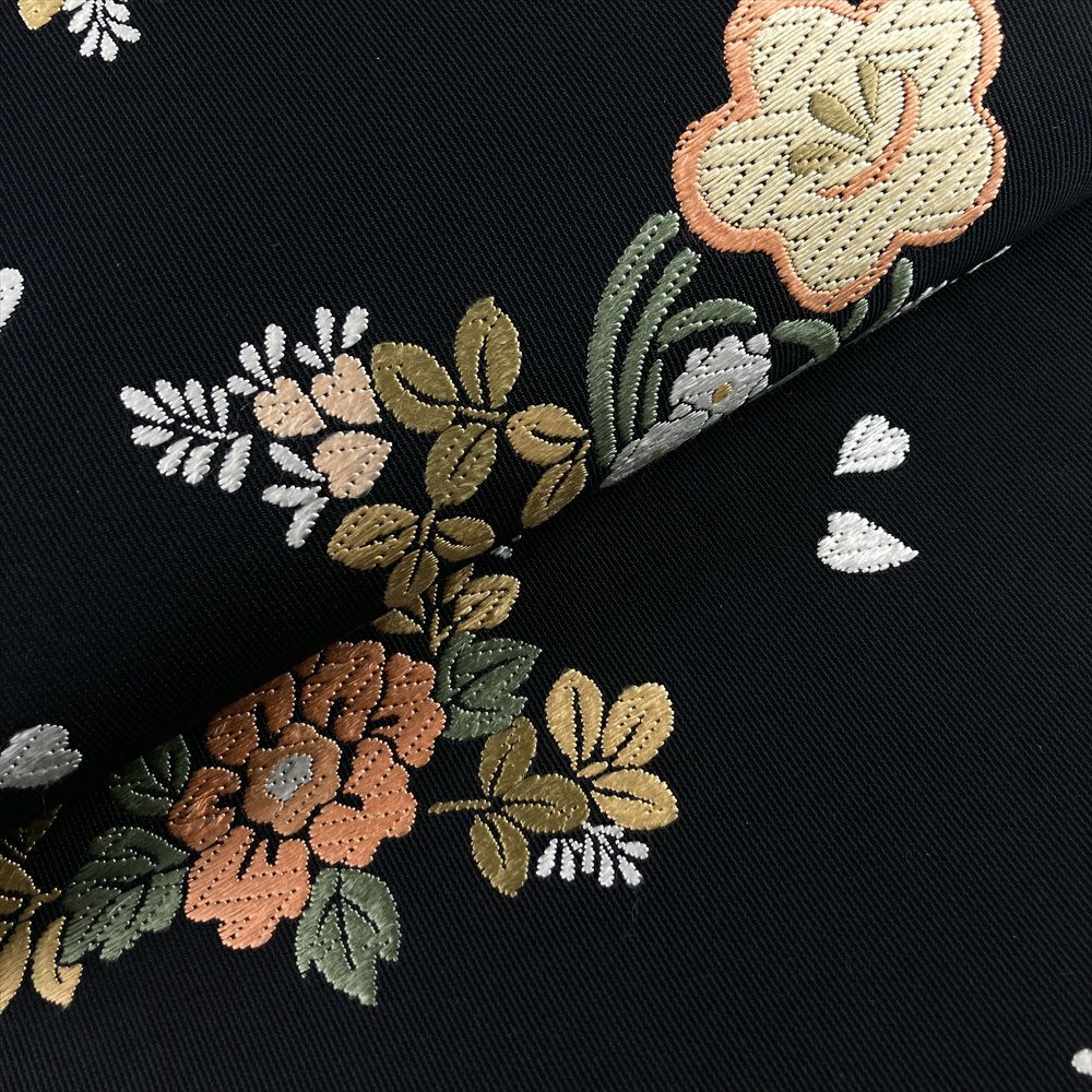名古屋帯　唐織　引箔　四季　花　蝶　 素敵 中古）名古屋帯 黒 カジュアル 名古屋仕立て 唐織り 四季花 絹