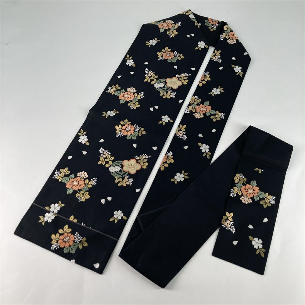 中古）名古屋帯 黒 カジュアル 名古屋仕立て 唐織り 四季花 絹