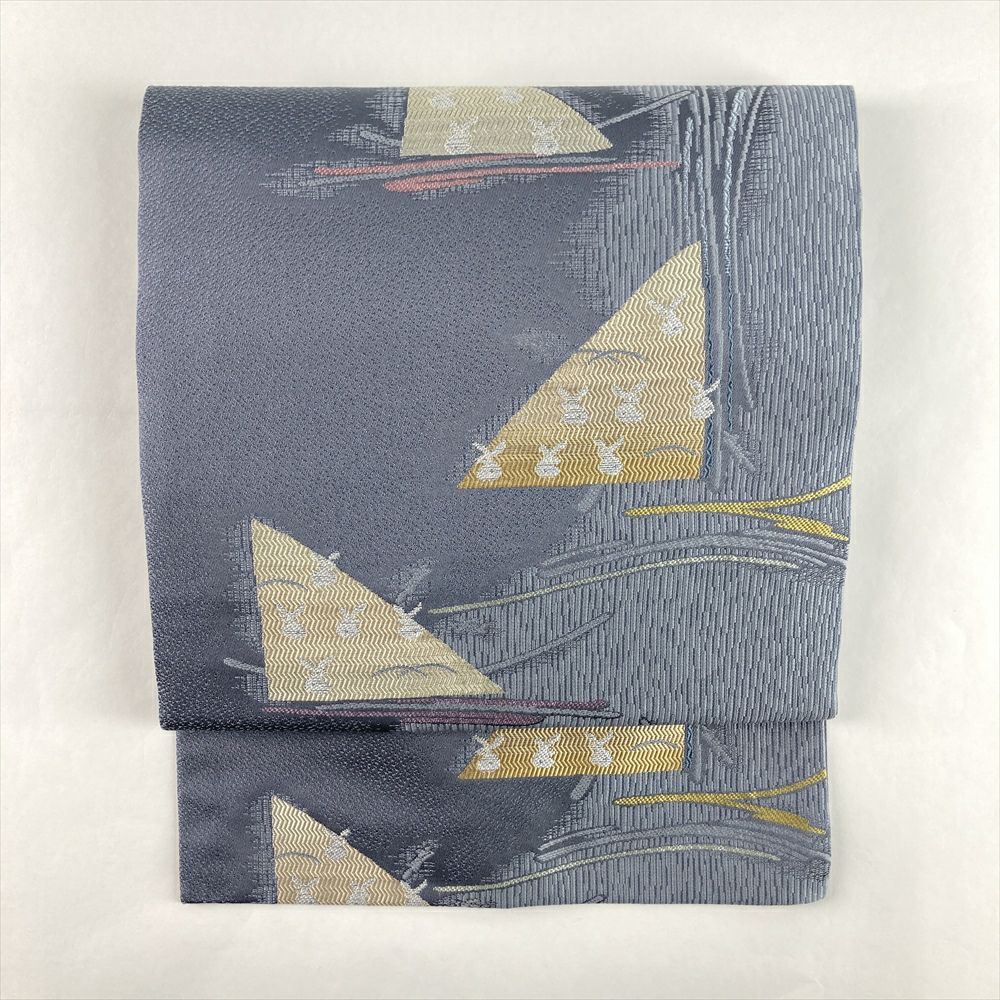 中古）名古屋帯 グレー カジュアル 名古屋仕立て 織り 兎 抽象柄 絹