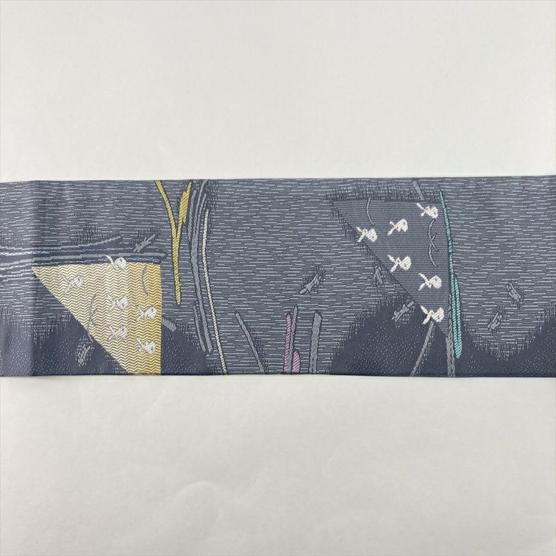 中古）名古屋帯 グレー カジュアル 名古屋仕立て 織り 兎 抽象柄 絹