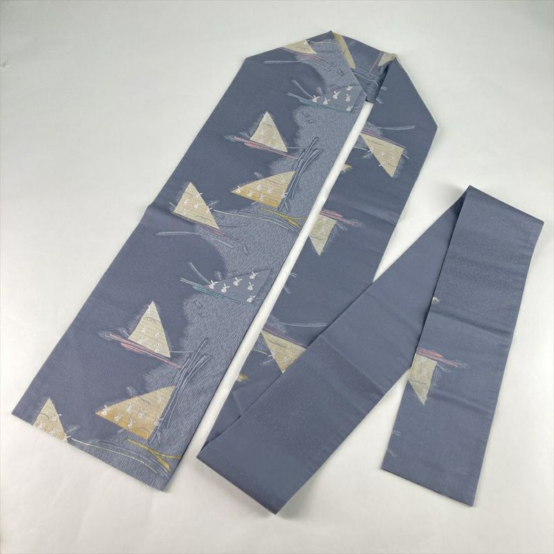 中古）名古屋帯 グレー カジュアル 名古屋仕立て 織り 兎 抽象柄 絹