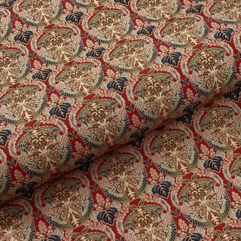 中古）名古屋帯 赤 カジュアル 開き仕立て 織り 桐に向い鳳凰丸文錦 絹