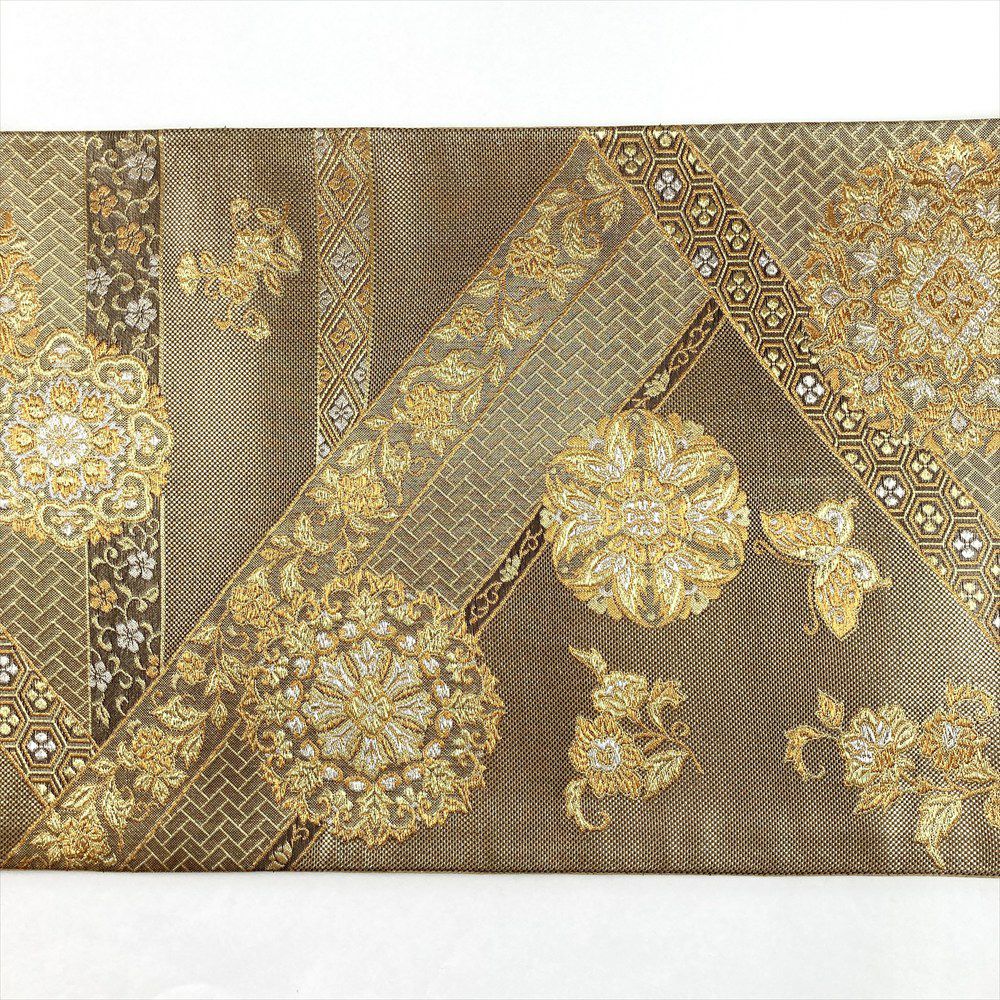 袋帯 金色地 フォーマルの場に 中古）袋帯 金 セミフォーマルフォーマル 六通 引き箔 裂取り 華文