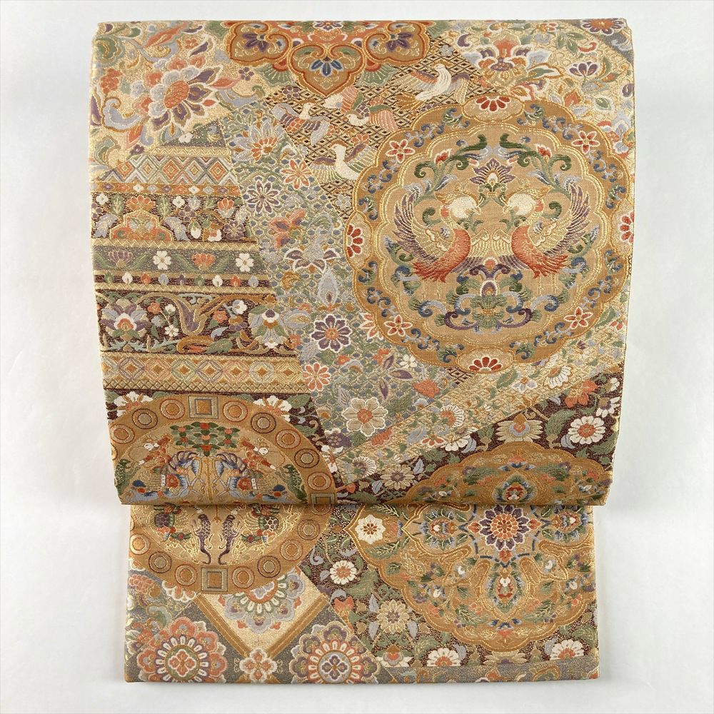 中古）袋帯 金 セミフォーマル フォーマル 六通 織り 裂取り 華文 天平 絹