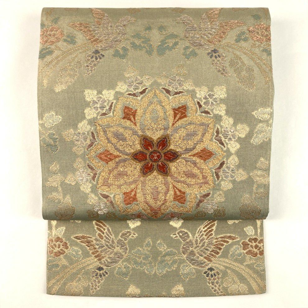 中古）袋帯 金緑 セミフォーマル 六通 織り 天平 華文 瑞鳥 絹