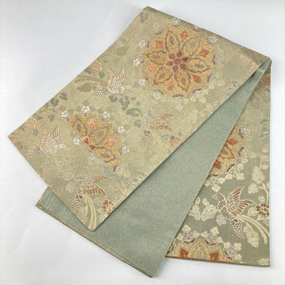 膨れ織瑞光豊花文袋帯　六通柄　正絹フォーマル袋帯 中古）袋帯 金緑 セミフォーマル 六通 織り 天平 華文 瑞鳥 絹