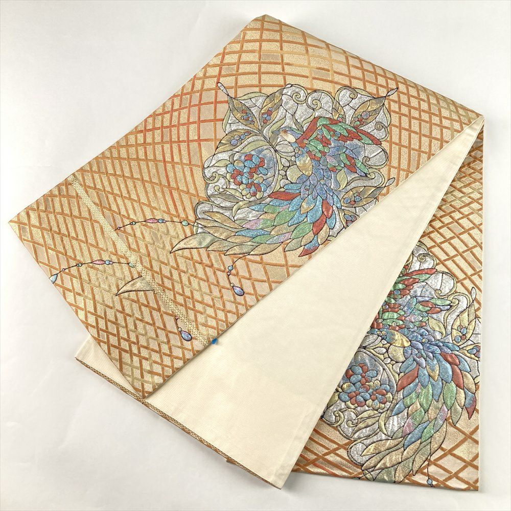 中古）袋帯 金 セミフォーマル フォーマル 六通 ふくれ織り 花鳥