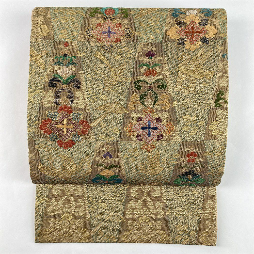 纯金箔 多色花鳥刺繍 袋帯 中古）袋帯 金 セミフォーマル フォーマル 六通 金駒刺繍 天平 花鳥 絹