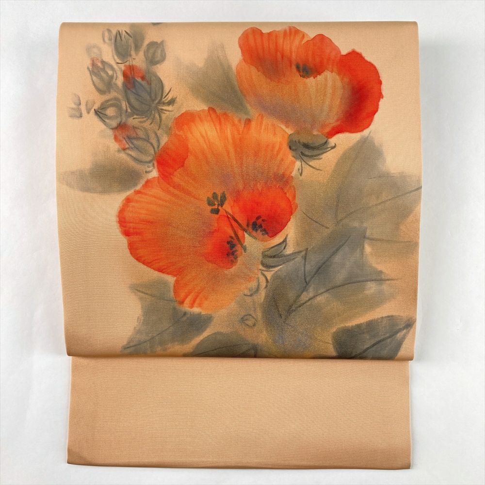 中古）名古屋帯 淡橙 カジュアル 名古屋仕立て 塩瀬 染め 大輪の花 絹