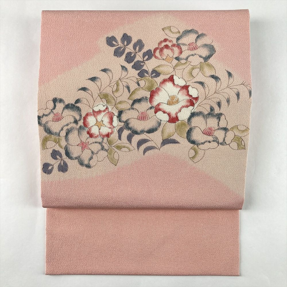 正絹 名古屋帯 本綴れ 唐花文様 ピンクベージュ　パールトーン加工 正絹 名古屋帯 本綴れ 唐花文様 ピンクベージュ パールトーン加工