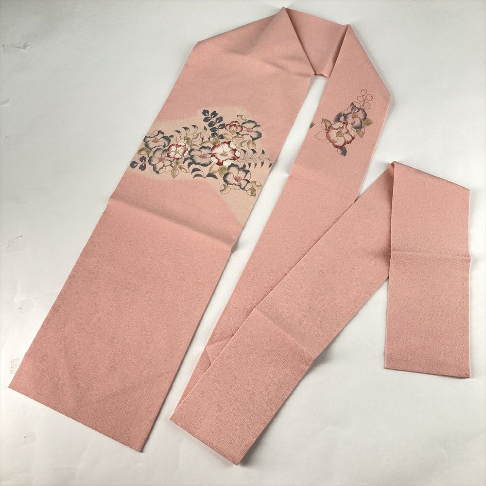 中古）名古屋帯 ピンク カジュアル 名古屋仕立て 縮緬 染め 椿 絹