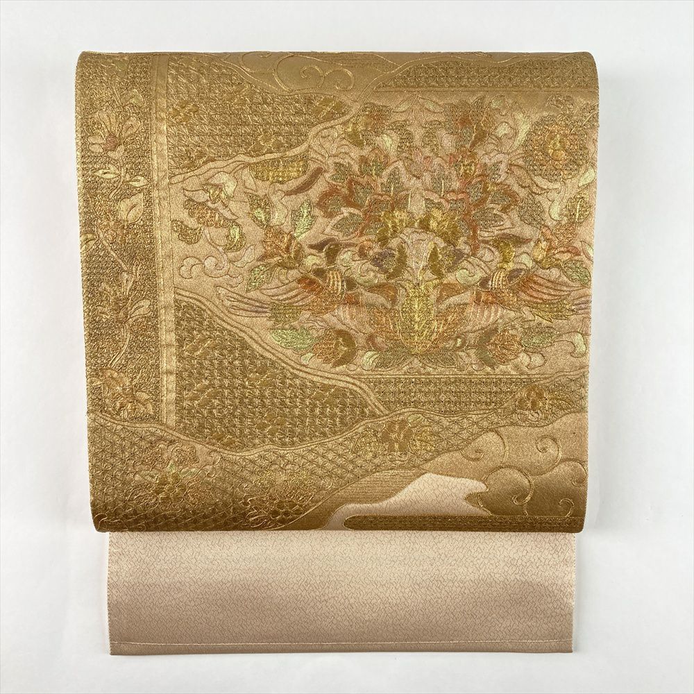 中古）袋帯 金 フォーマル 六通 刺繍 金彩 天平 花鳥 霞 絹
