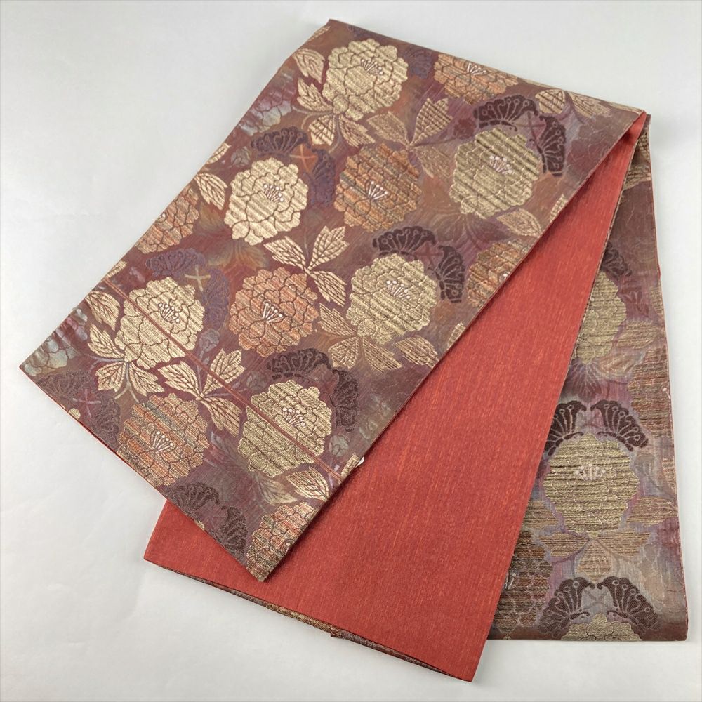 中古）袋帯 赤 セミフォーマル 六通 金糸 牡丹小袖文 絹