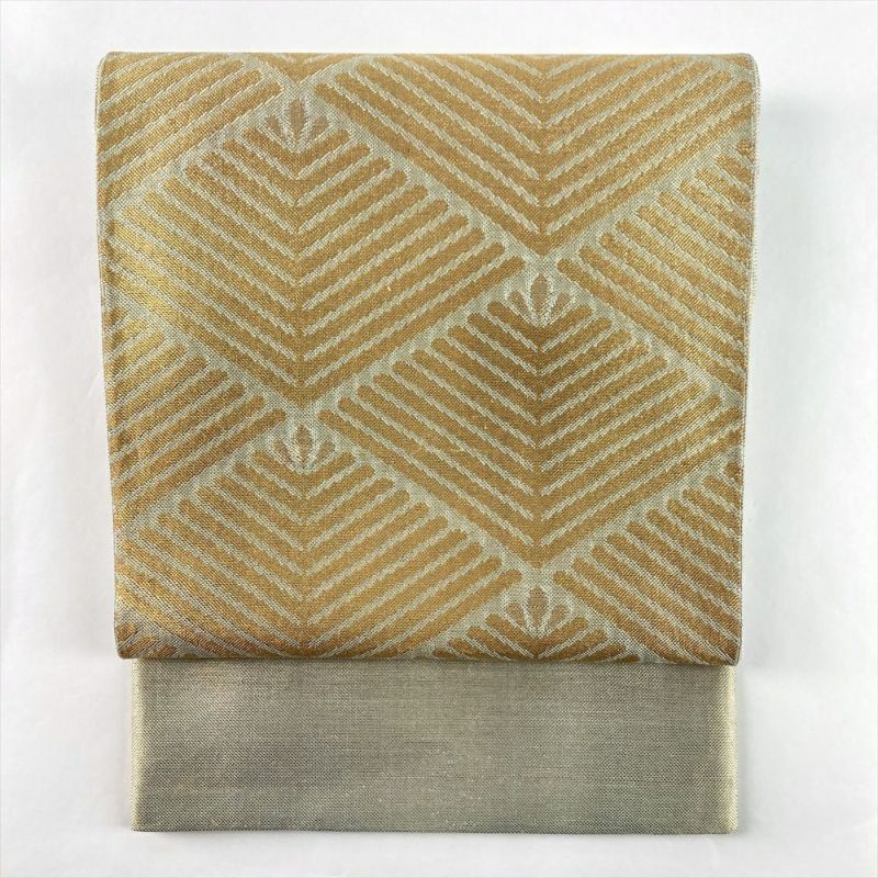 中古）京袋帯 金 薄緑 セミフォーマル 六通 金糸 引き箔 松葉菱 絹