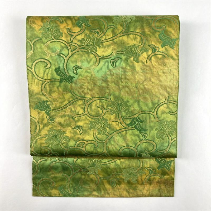 中古）袋帯 黄緑 セミフォーマル 六通 引き箔 雲 牡丹唐草 絹
