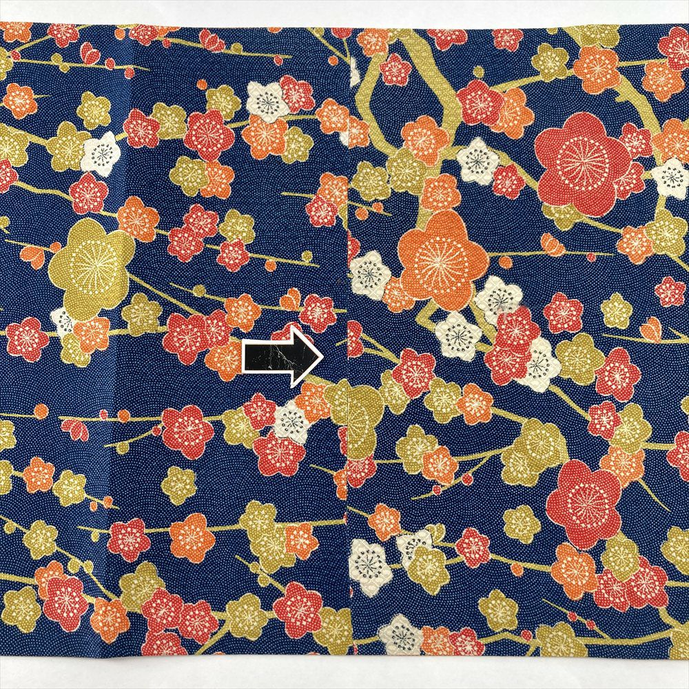 中古）京袋帯 紺 カジュアル セミフォーマル 六通 染め 伊勢型の鮫 梅柄 絹