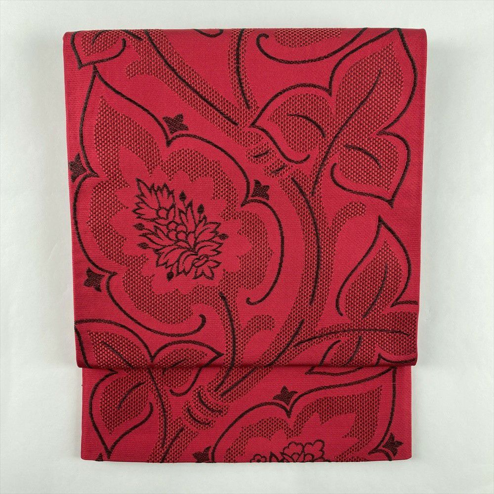 中古）京袋帯 茜色 カジュアル セミフォーマル 六通 織り 花葉 絹