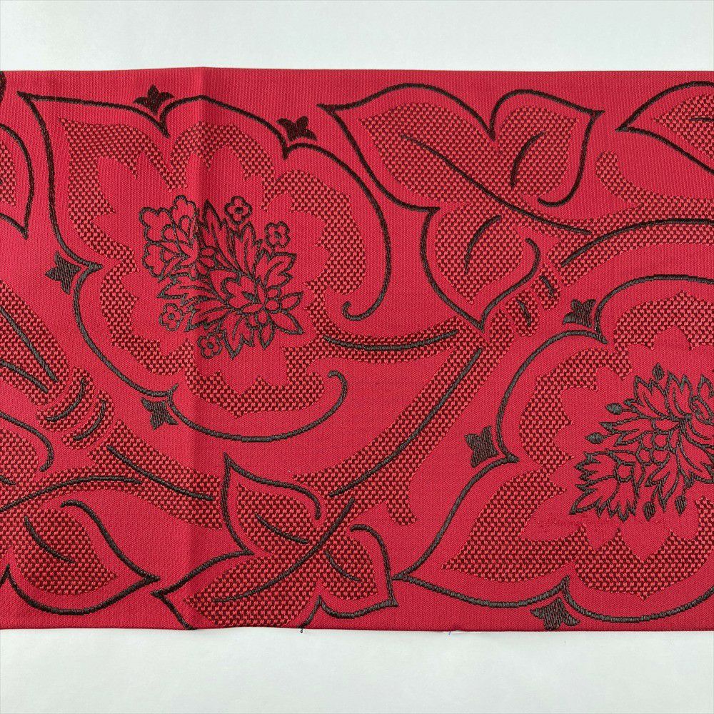中古）京袋帯 茜色 カジュアル セミフォーマル 六通 織り 花葉 絹