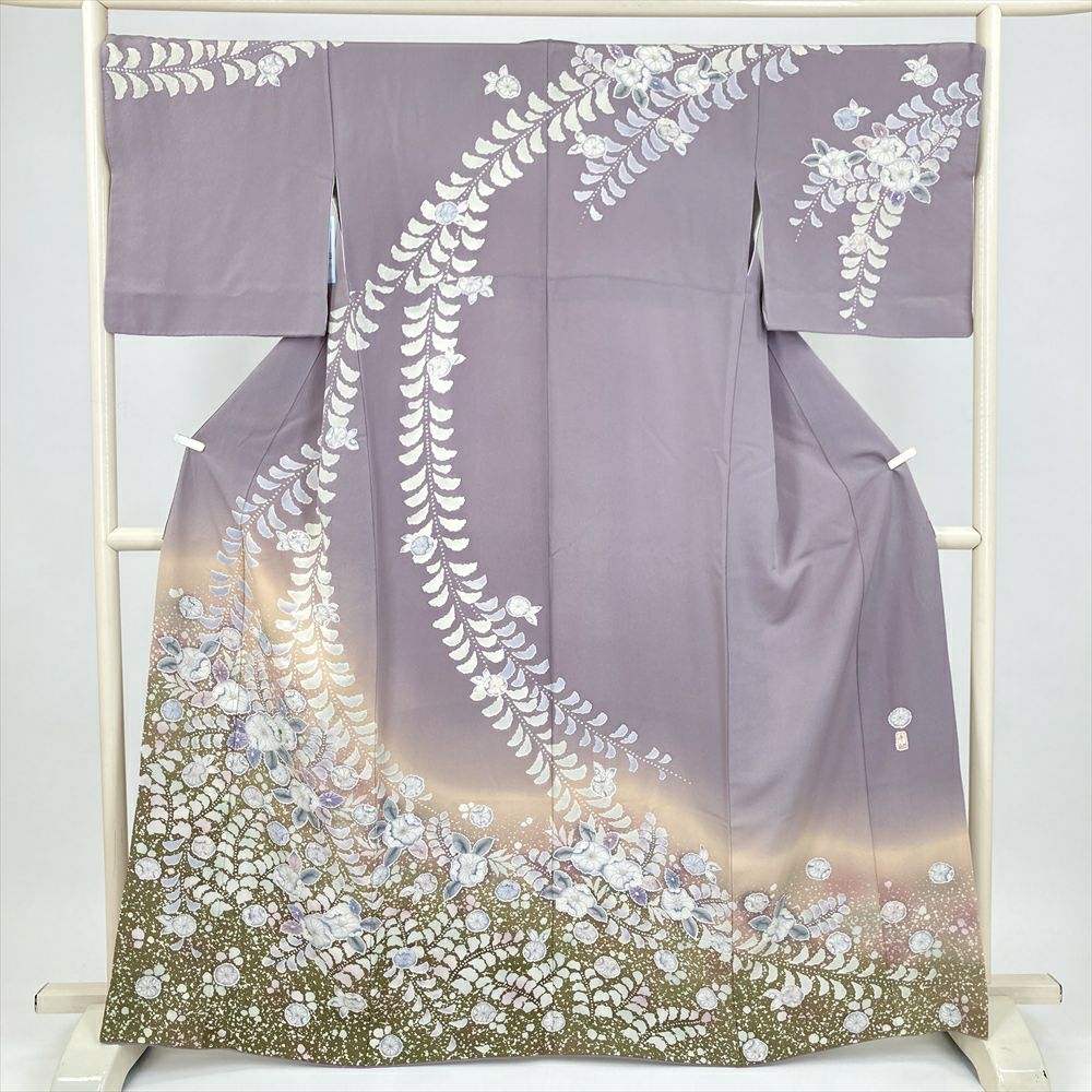 中古） 訪問着 薄灰紫 セミフォーマル 縮緬 辻が花 袷 絹 【身丈