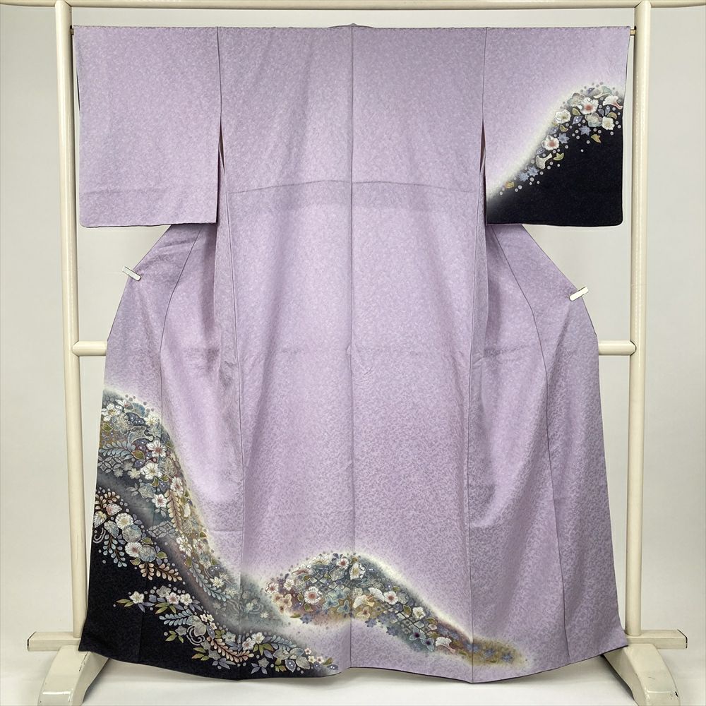 中古） 訪問着 薄藤 紫 セミフォーマル 銀通し 地紋織り 辻が花 袷 絹