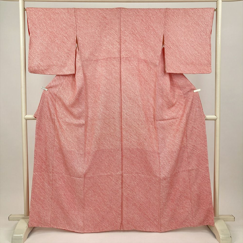 中古） 小紋 赤 濃ピンク カジュアル 総鹿の子絞り 袷 絹 【身丈