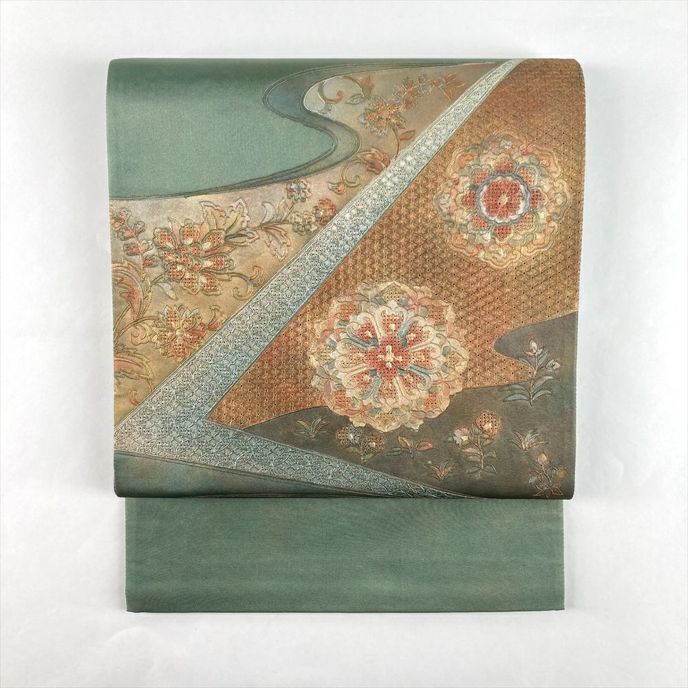 中古）袋帯 緑 セミフォーマル 六通 刺繍 華文 唐花 七宝 絹