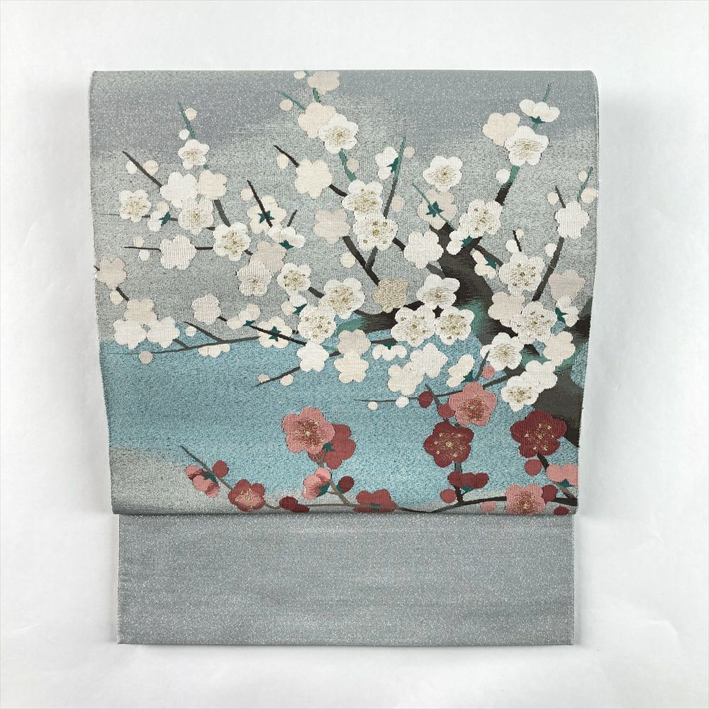 中古）袋帯 銀鼠 グレー 薄水色 セミフォーマル フォーマル 六通 綴れ