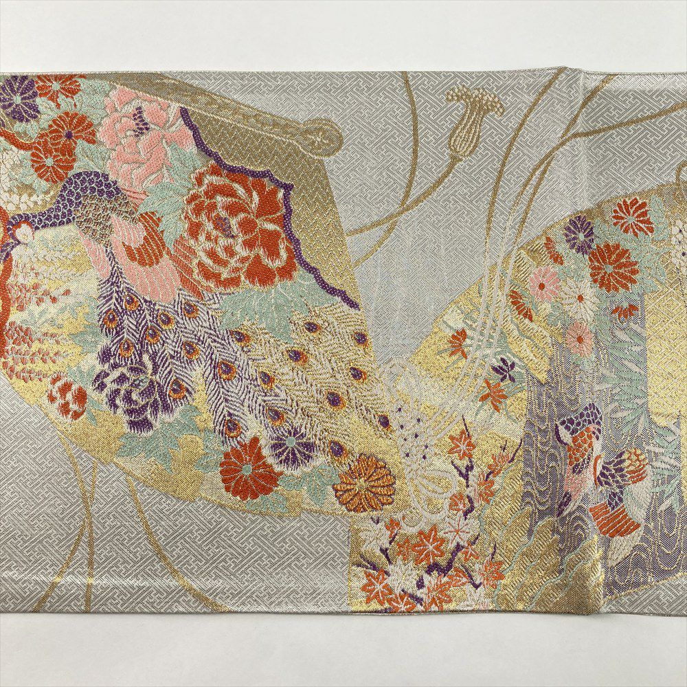 中古）袋帯 銀 セミフォーマル フォーマル 六通 織り 檜扇 花鳥 絹