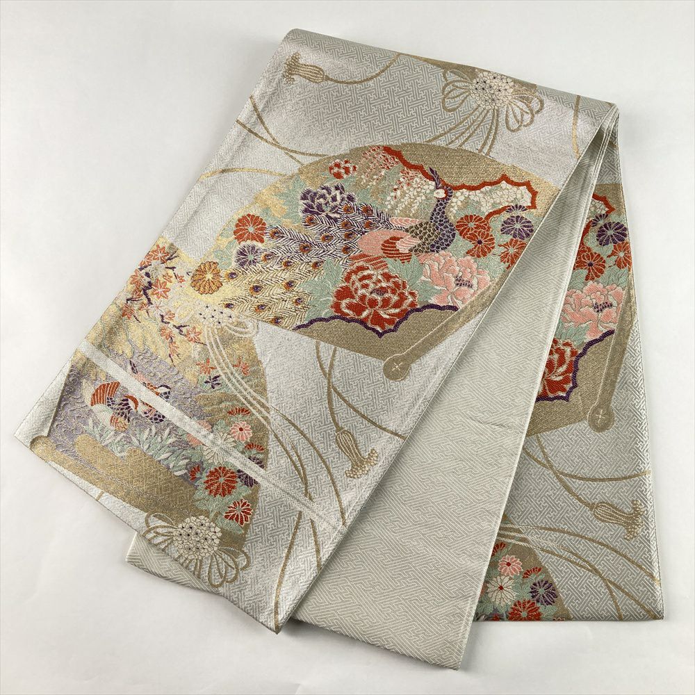 中古）袋帯 銀 セミフォーマル フォーマル 六通 織り 檜扇 花鳥 絹