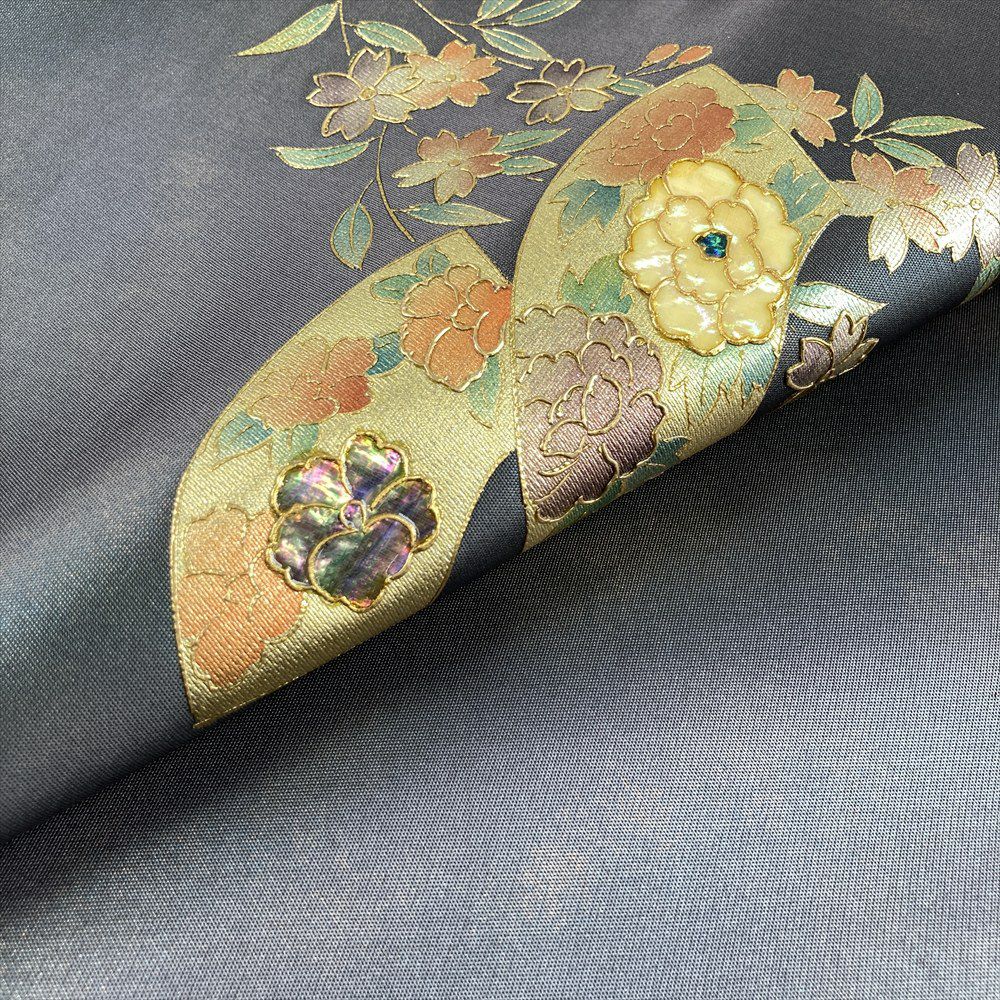 中古）袋帯 緑 グレー セミフォーマル 六通 織り 扇面 四季花 絹