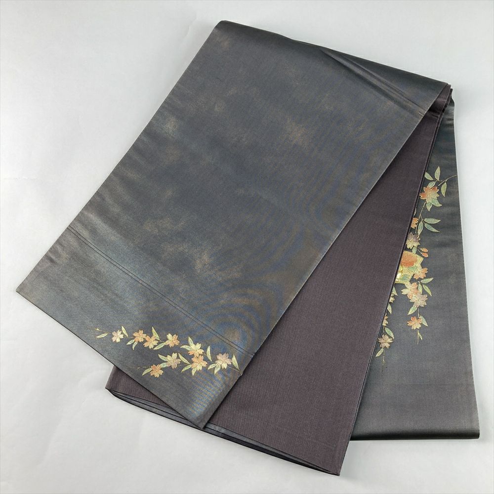 中古）袋帯 緑 グレー セミフォーマル 六通 織り 扇面 四季花 絹