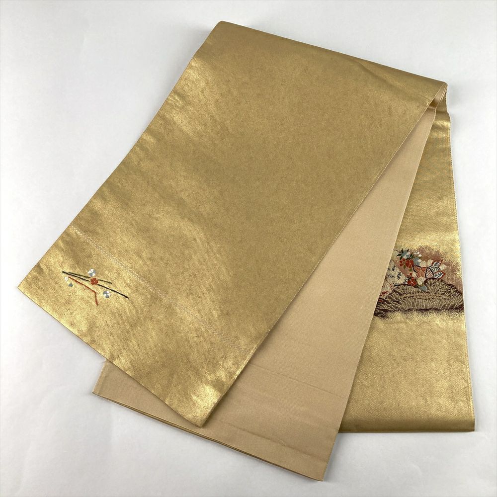 中古）袋帯 金 セミフォーマル フォーマル 六通 織り 柴垣 橘 萩 絹