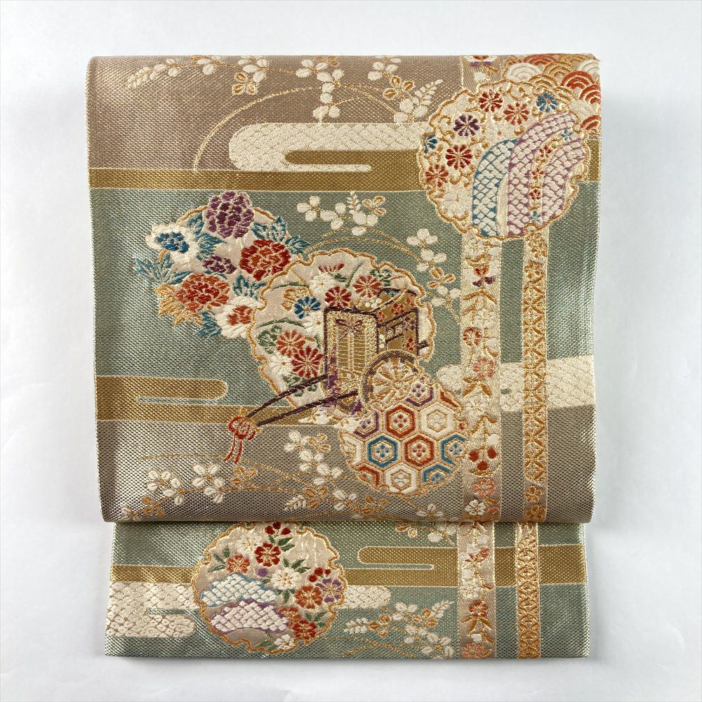 中古）袋帯 金 セミフォーマル フォーマル 六通 織り 雪輪 ヱ霞 花草 絹