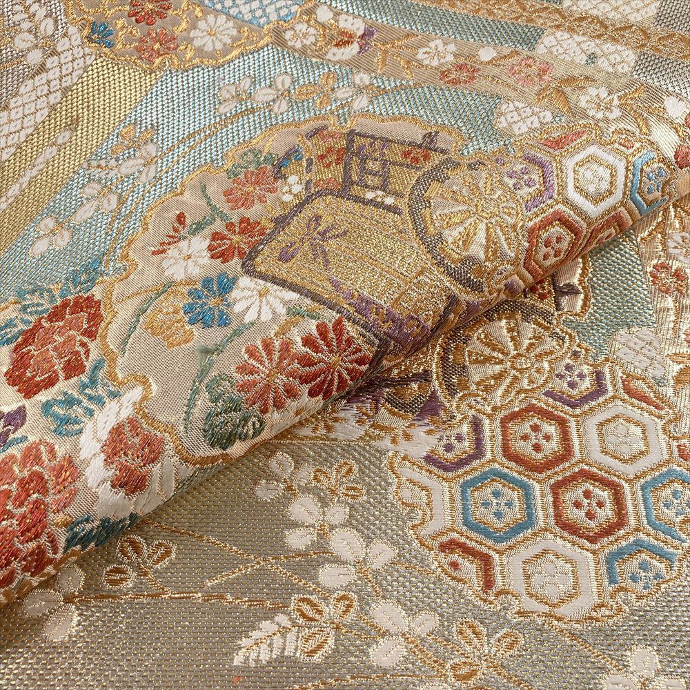 中古）袋帯 金 セミフォーマル フォーマル 六通 織り 雪輪 ヱ霞 花草 絹