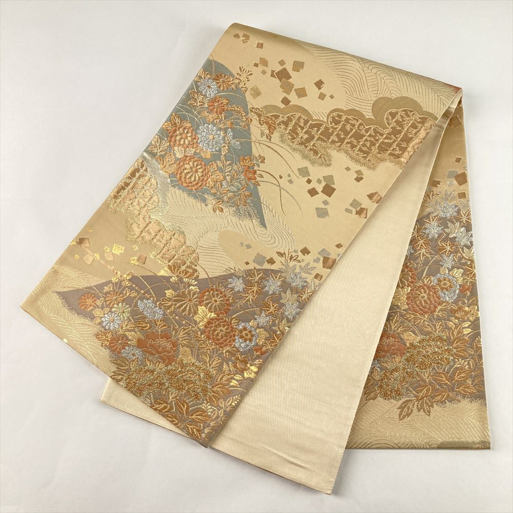 中古）袋帯 金 セミフォーマル フォーマル 六通 織り 山取り 流水 花草 絹