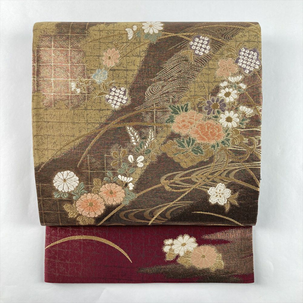 中古）袋帯 金 赤紫 セミフォーマル 六通 織り 花筏 露芝 絹