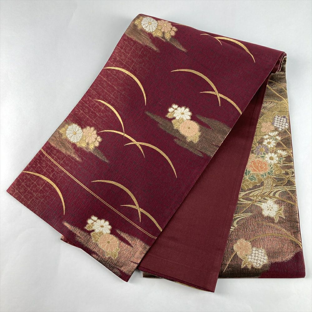 中古）袋帯 金 赤紫 セミフォーマル 六通 織り 花筏 露芝 絹