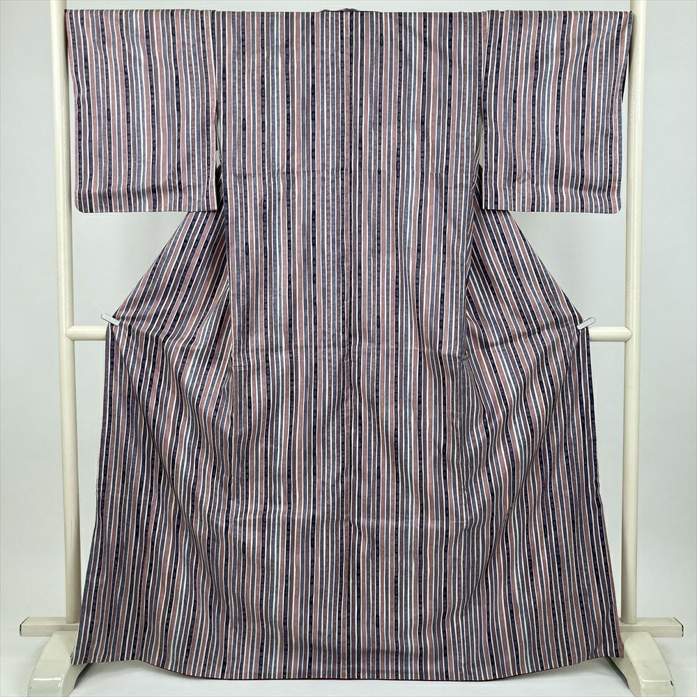 中古） 小紋 紫 カジュアル 紬地 変わり縞 ろうけつ調 袷 絹【身丈