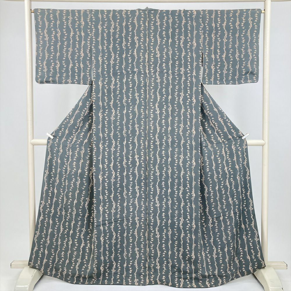 中古） 小紋 ブルーグレー カジュアル 縮緬 松 波 袷 絹【身丈】160cm
