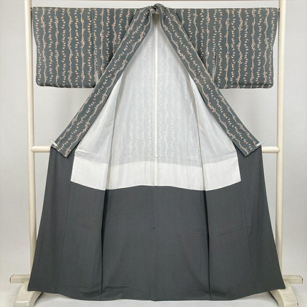 中古） 小紋 ブルーグレー カジュアル 縮緬 松 波 袷 絹【身丈】160cm