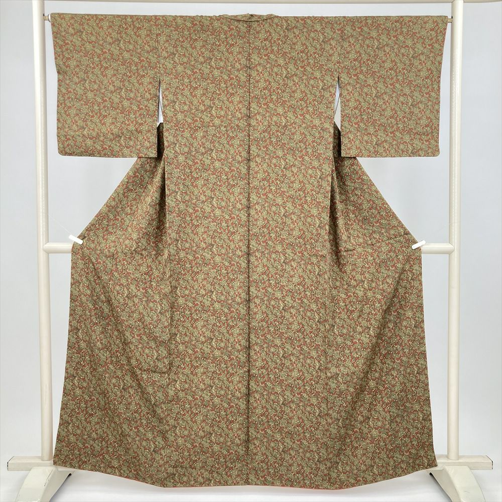 60×38 江戸縮緬　表装 中古） 小紋 赤茶 カジュアル 縮緬 更紗調 オリエンタル 袷 絹【身丈