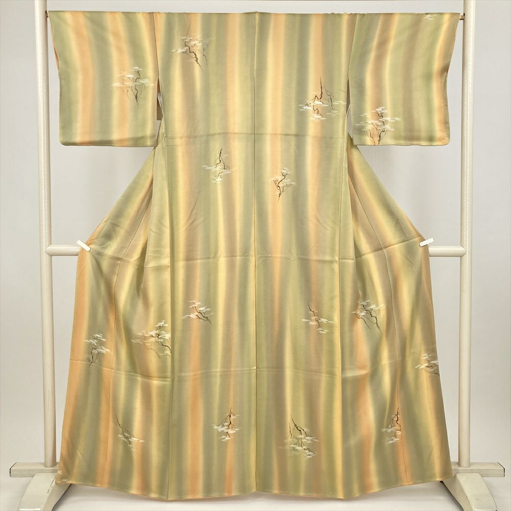 中古） 小紋 薄黄 カジュアル ぼかし染め 枝葉 袷 絹【身丈】156cm【裄