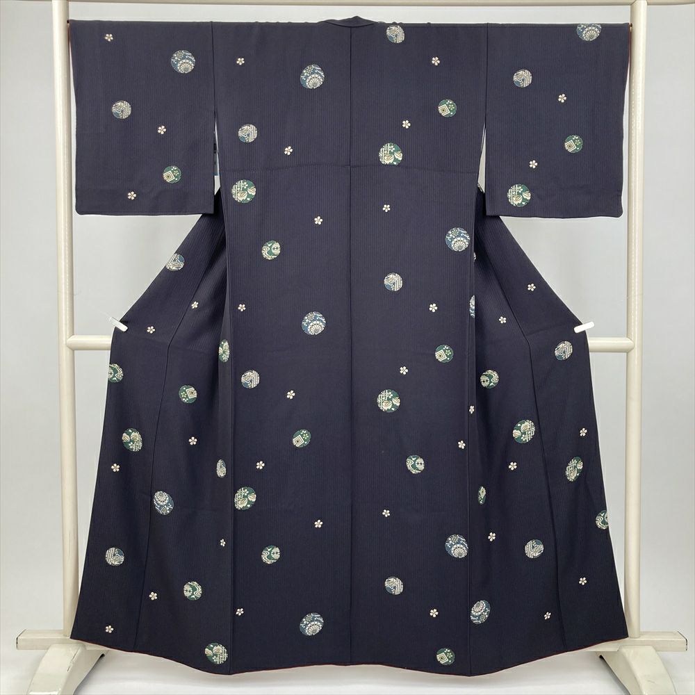 中古） 小紋 チャコールグレー 紺 カジュアル 地紋織り 雪輪 袷 絹