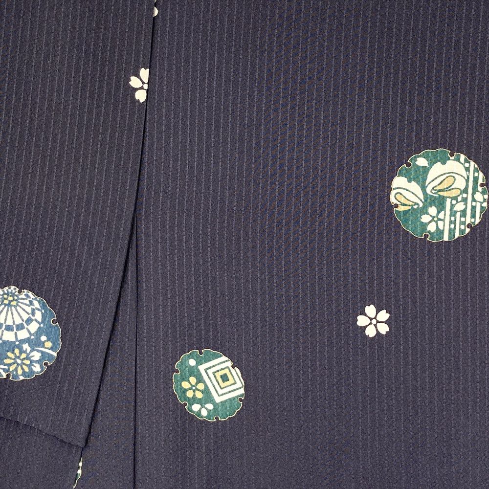 中古） 小紋 チャコールグレー 紺 カジュアル 地紋織り 雪輪 袷 絹