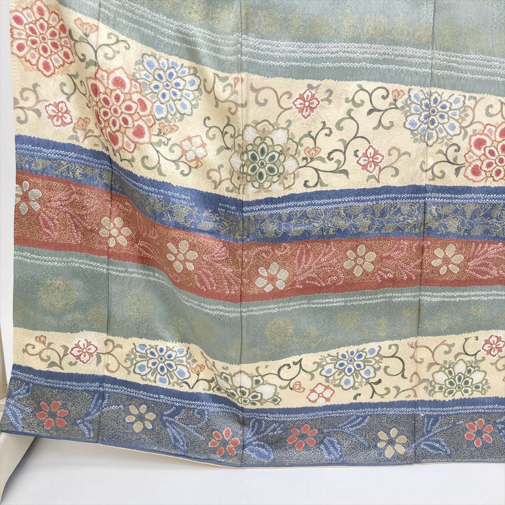 袷小紋　横段染め分け　熨斗目段　小紋柄　未使用 小紋 着物 リサイクル 正絹 袷 黒 胡桃染 ぼかし 細縞 染め柄