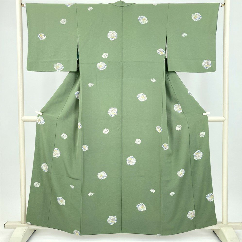 中古） 小紋 薄緑 カジュアル 縮緬 型絵染め 笹 鳥 袷 絹【身丈】152cm