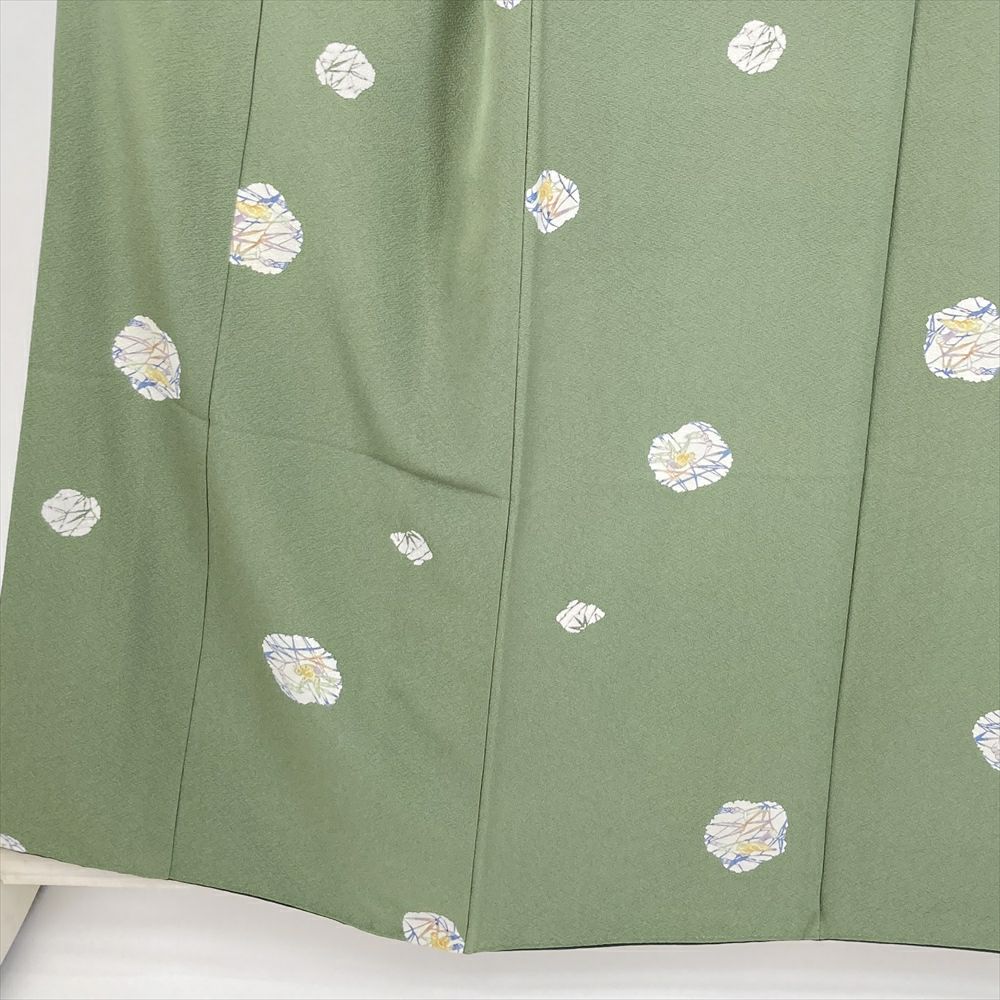 中古） 小紋 薄緑 カジュアル 縮緬 型絵染め 笹 鳥 袷 絹【身丈】152cm