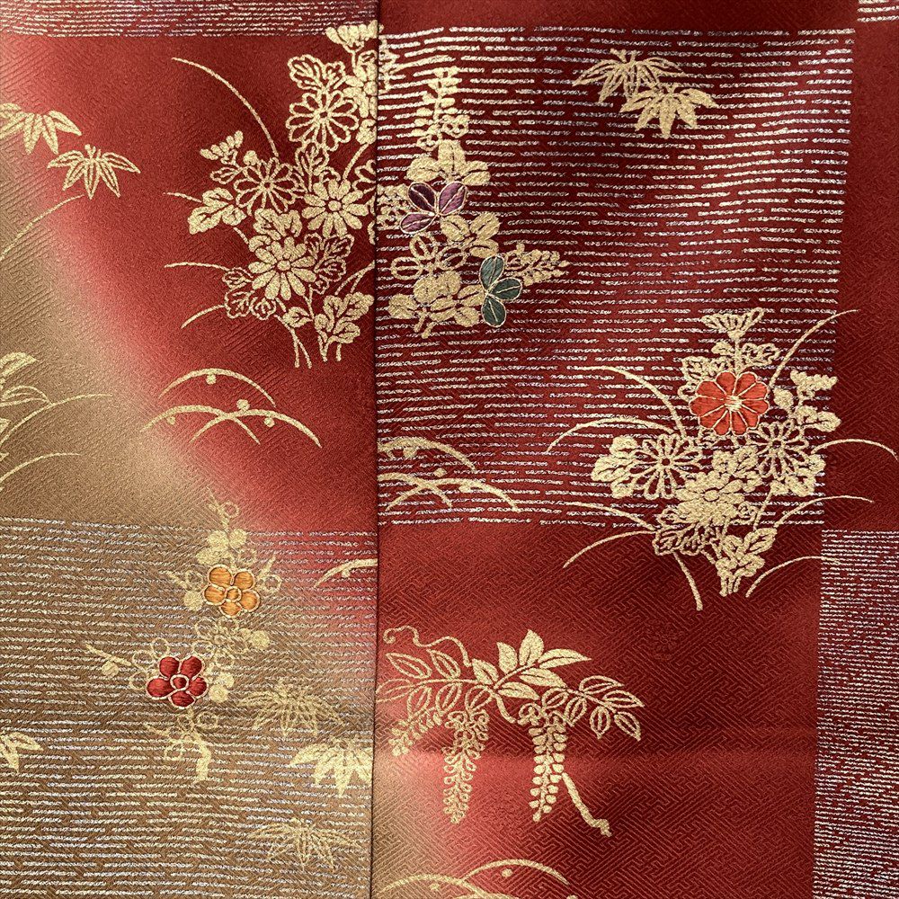 中古） 訪問着 茶 赤 セミフォーマル 市松 花草 袷 絹【身丈】157cm